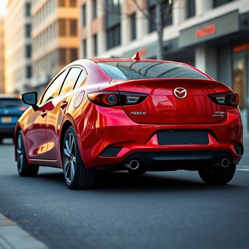 Mazda 3 color rojo estacionado en una calle de la ciudad.