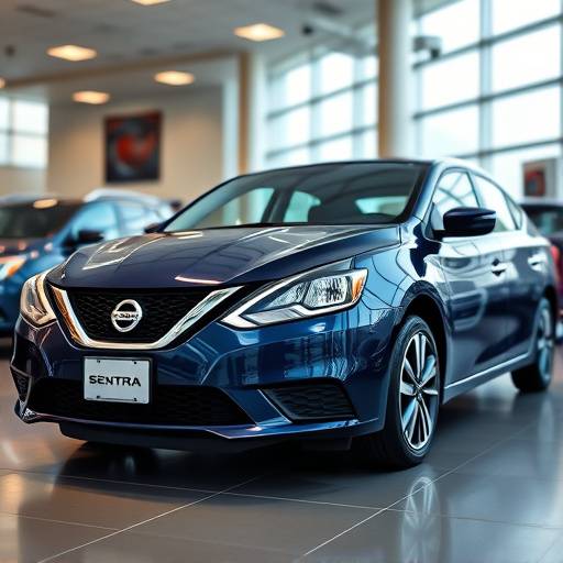 Nissan Sentra color azul marino exhibiéndose en la sala de ventas de la agencia